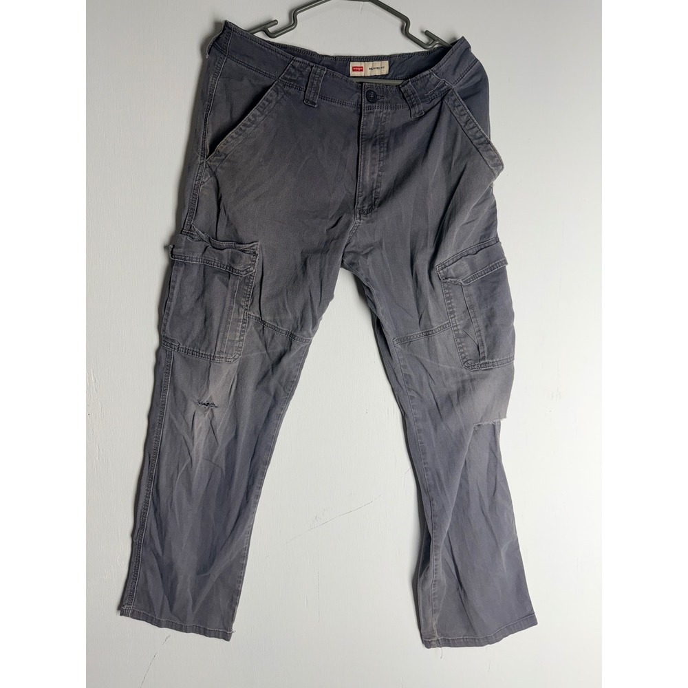 Wrangler Relaxed Fit Cargo Pants Mens 34x30 Gray Distressed Workwear Thrashed